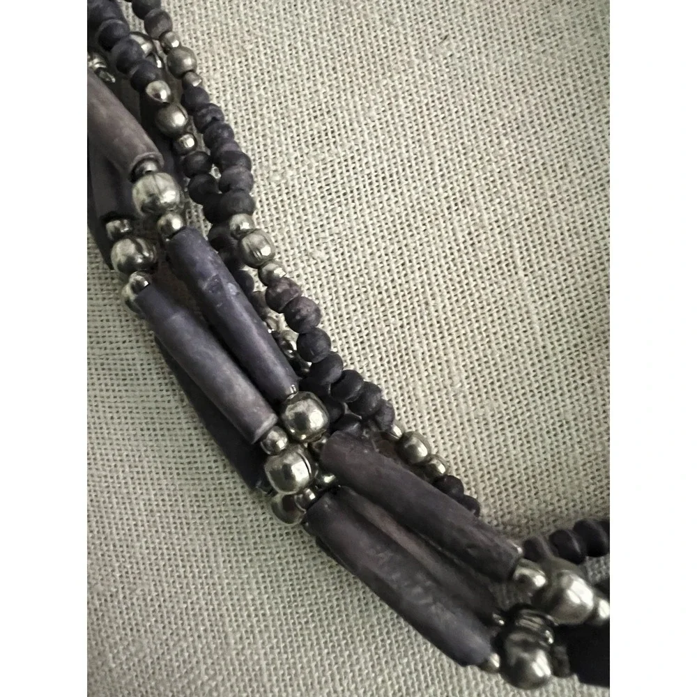 Bohemian Purple Dyed Wood And Silver Beaded 6 Strand Bib Statement Necklace Vtg